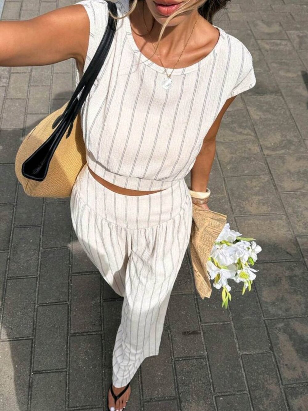 2 Piece Set, Crop Top with Tie Back and High Waisted Wide Leg Pant Size Medium